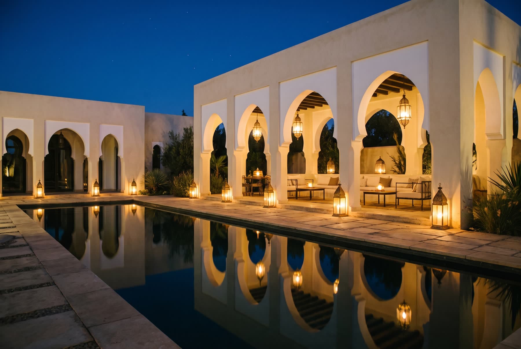 Villa Labyad au crépuscule, visuel généré par IA